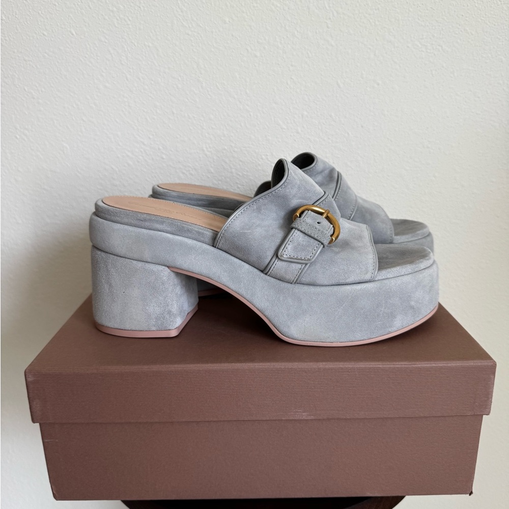 Gianvito Rossi Suede Buckle Platform Sandals, Dusty Blue